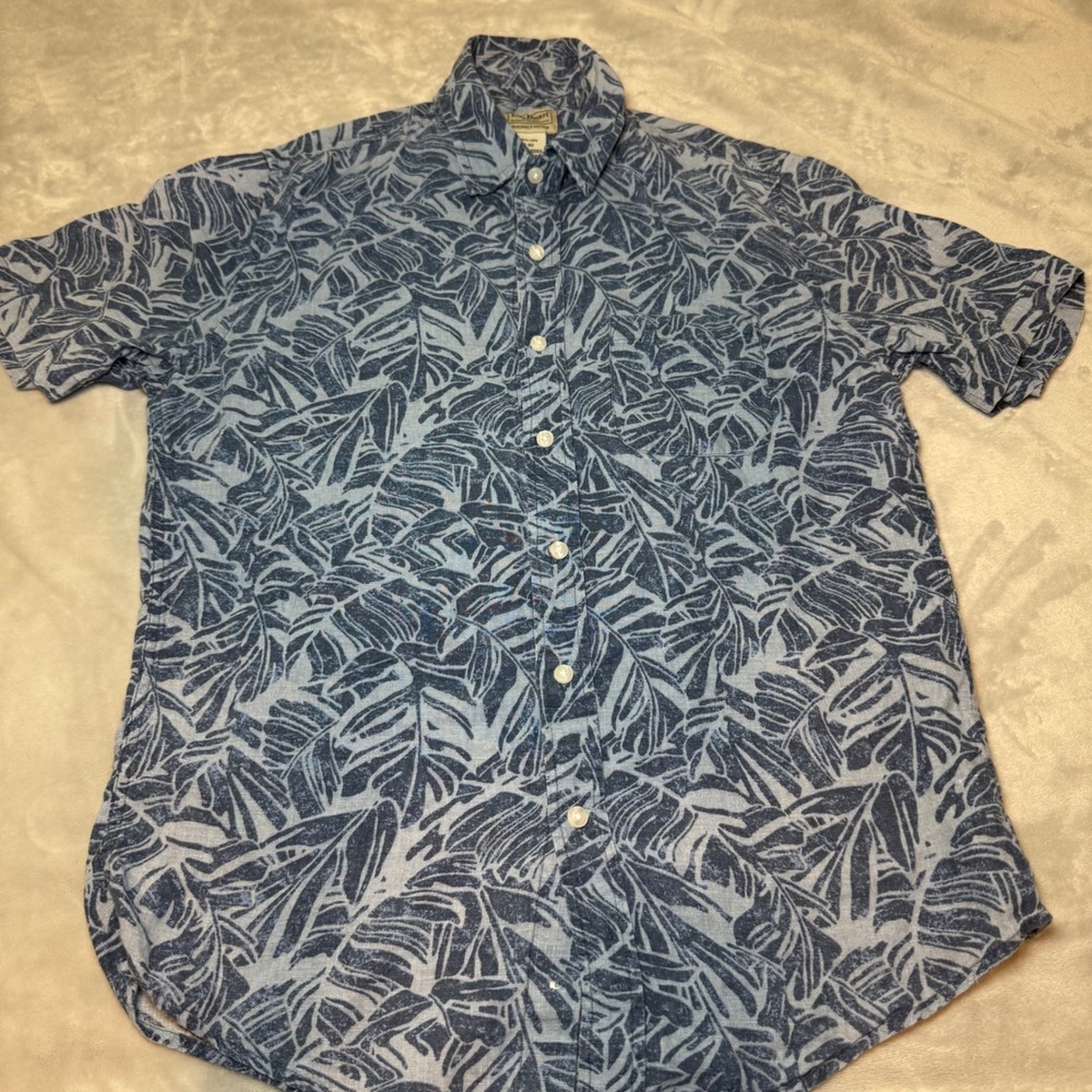 L.L. Bean Men's Short Sleeve Button Down Shirt Tropical Print 100% Linen Size S